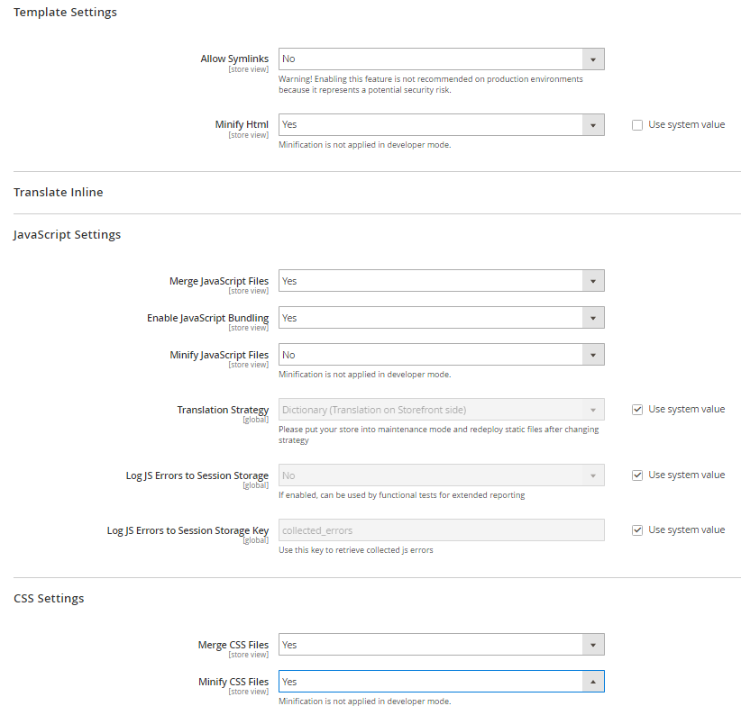 Set static file optimization settings