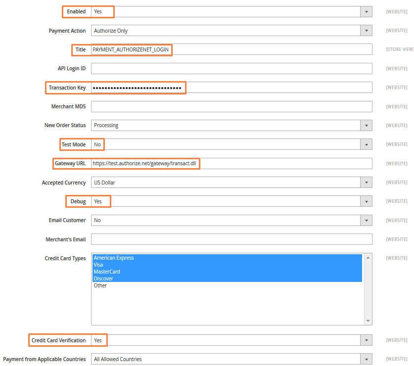 authorizenet data set view on GUI