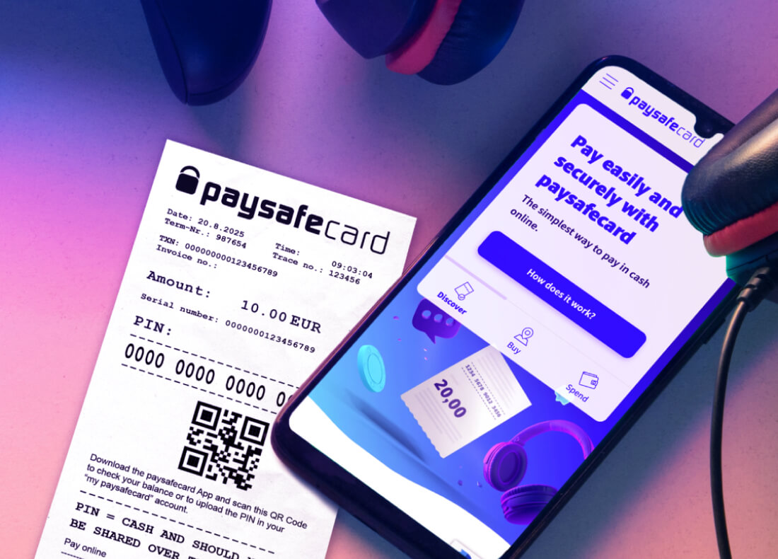 image of a PaysafeCard voucher and the PaysafeCard mobile app