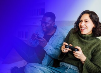 Two people playing a video game on a game console