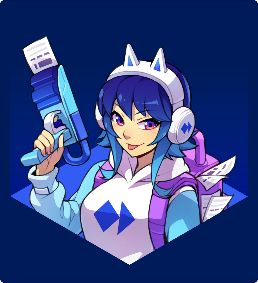 Paysafe-Chan holding a money throwing toy and wearing headphones